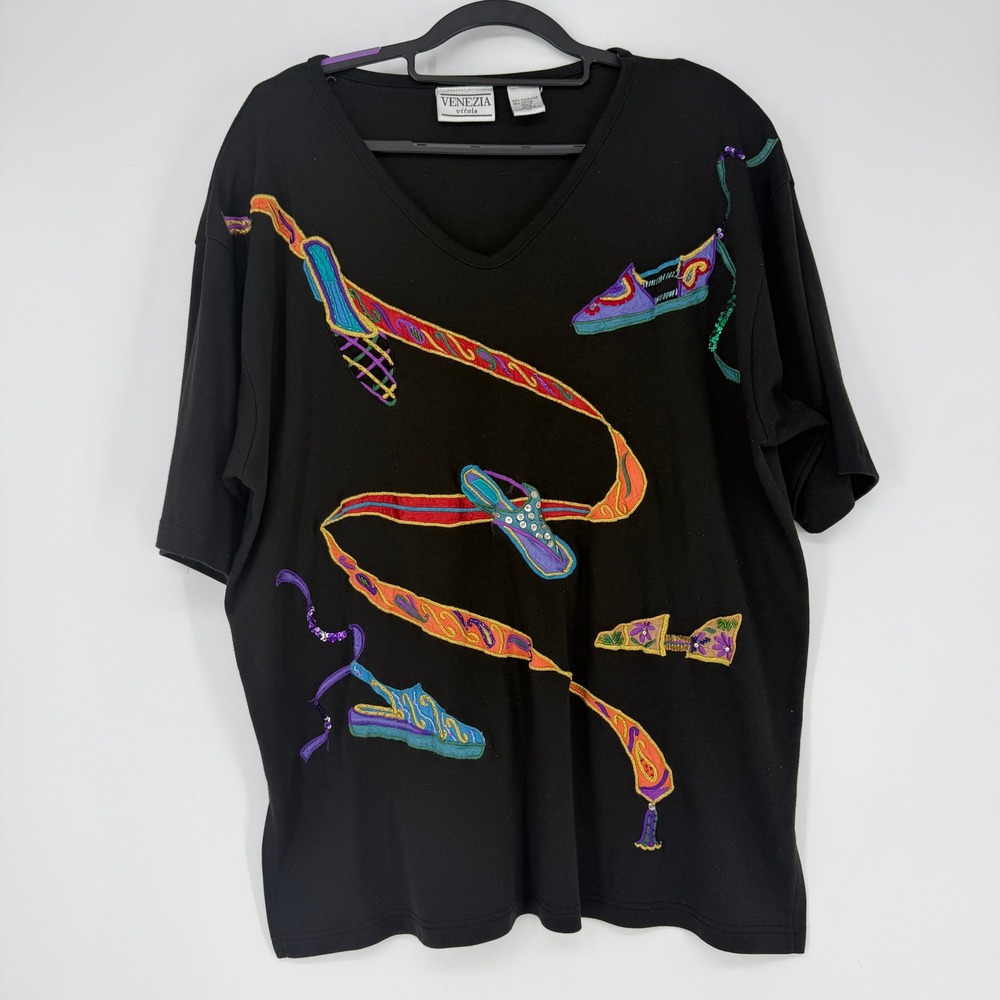 Venezia Vitale T-Shirt Womens 18/20 Black Embroidered Shoe Art‎ To Wear Vintage